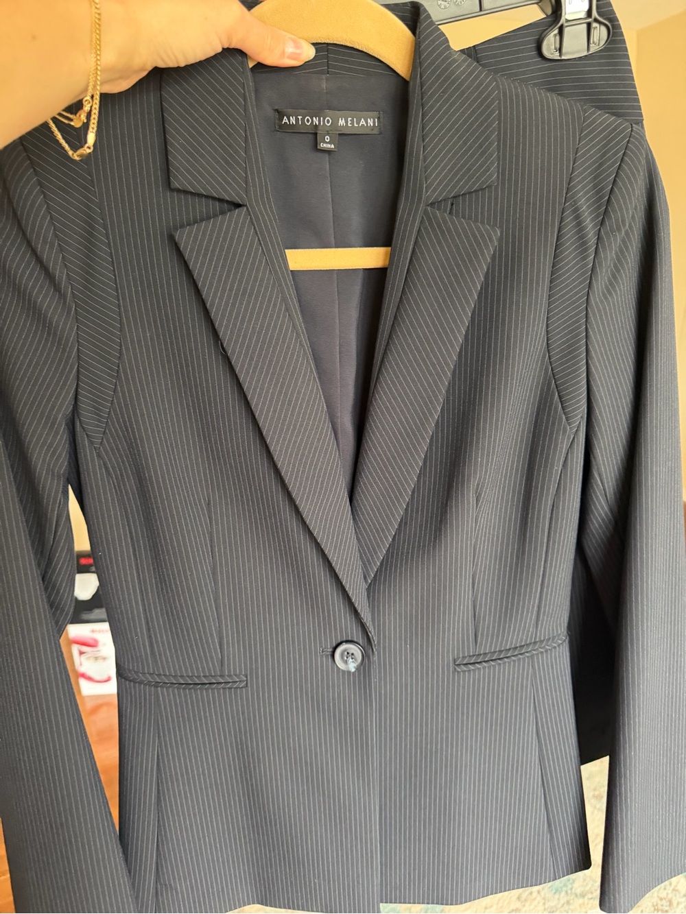 ANTONIO MELANI Navy Pinstripe Single-Button Skirt Suit